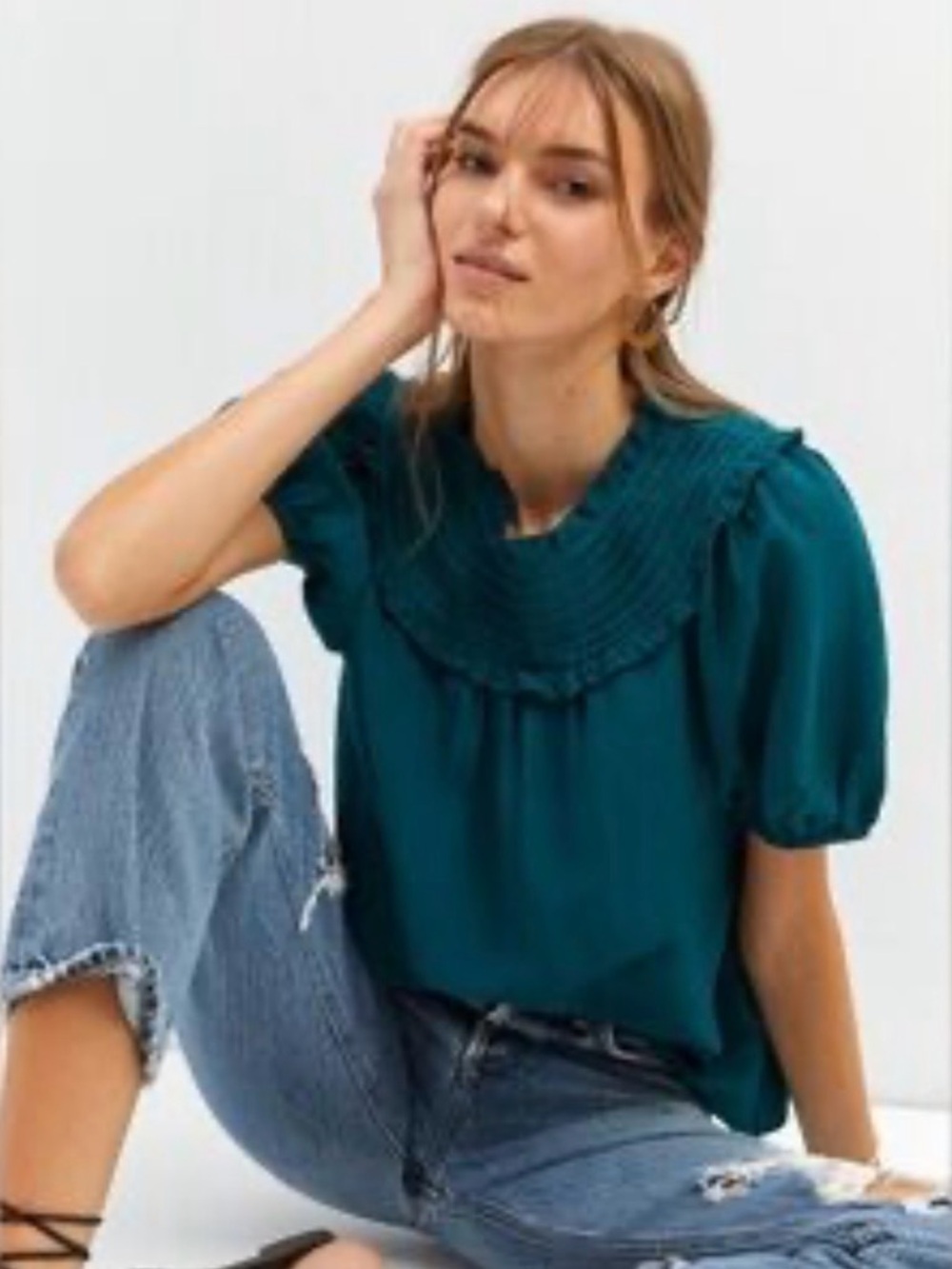 Anthropologie Current Air Smocked Linen Blend Puff Sleeve Top in Deep Teal M